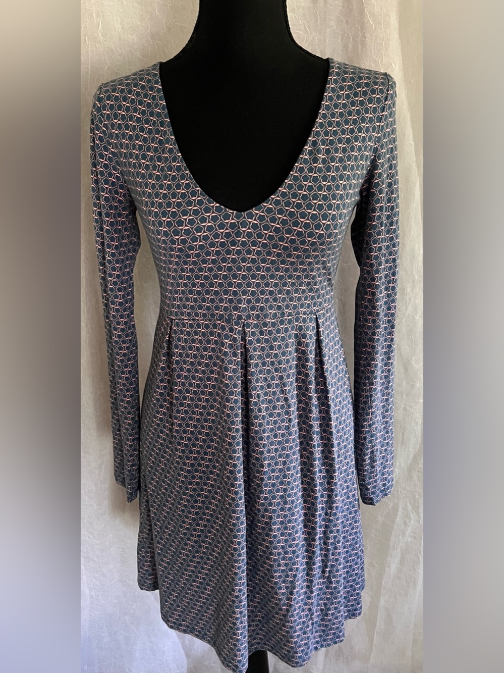 Boden Blue and Pink Geometric Long-Sleeve Fit & Flare Dress